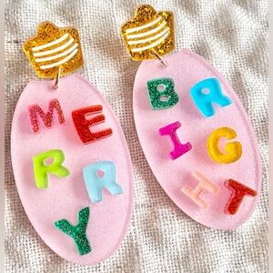 New Pink Christmas Merry & Bright Glitter Retro 80s Style Acrylic Earrings 2.50”
